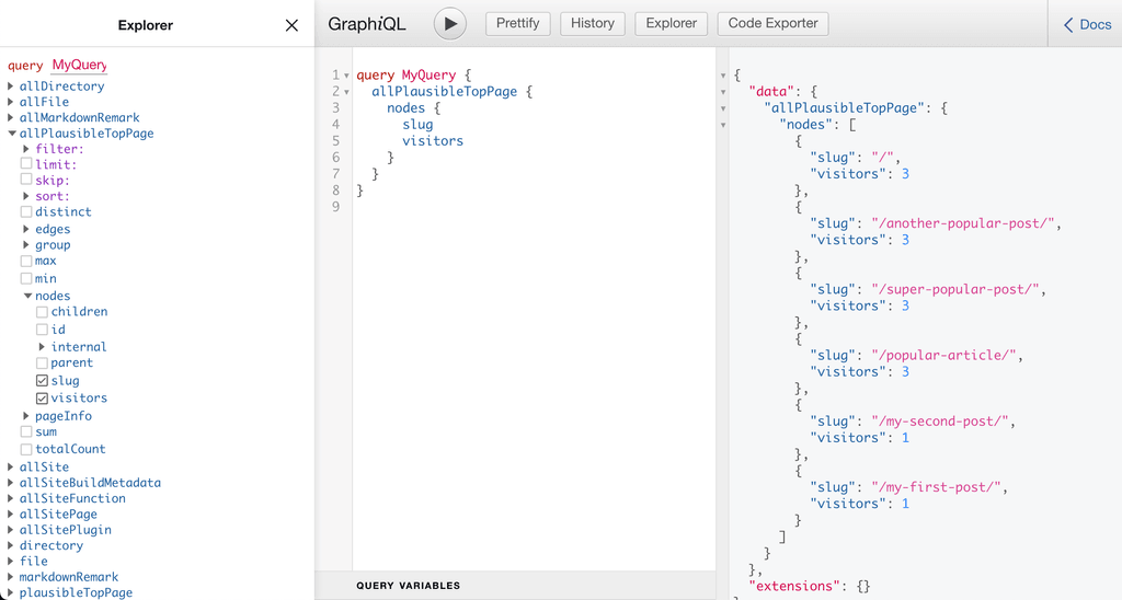 A screenshot of the GraphiQL interface in a web browser. It has three main sections: The Explorer, Query Editor, and Result Window. The Query Editor queries for "allPlausibleTopPage" and in the Result Window an array of objects is returned with the slug and visitors for each page.